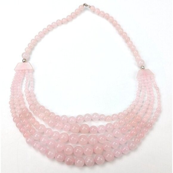 Graduated Pink Rose Quartz Beaded Bib Necklace & Bracelet Sterling Silver 925 - Picture 7 of 10